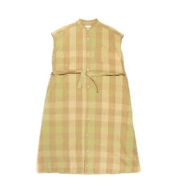 No Sleeve Banded Collar Dress (Khaki / Olive Cotton Block Check)